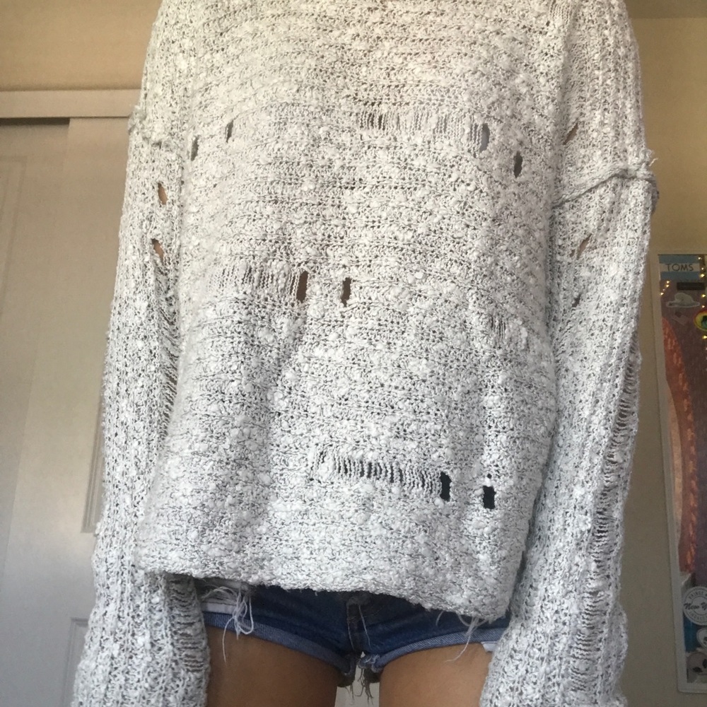 distressed white and grey sweater